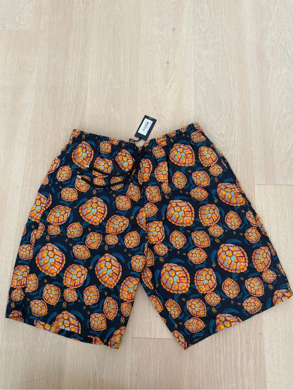 Vilebrequin Navy Swim Shorts with Orange Mosaic Turtle Print